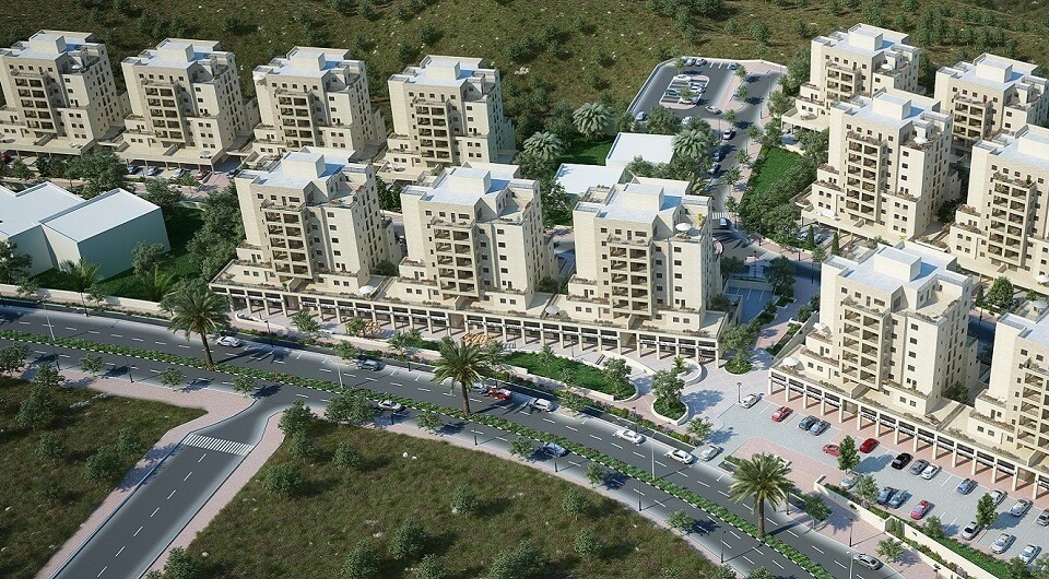 בניינים, דשא וכבישים עם צמחייה